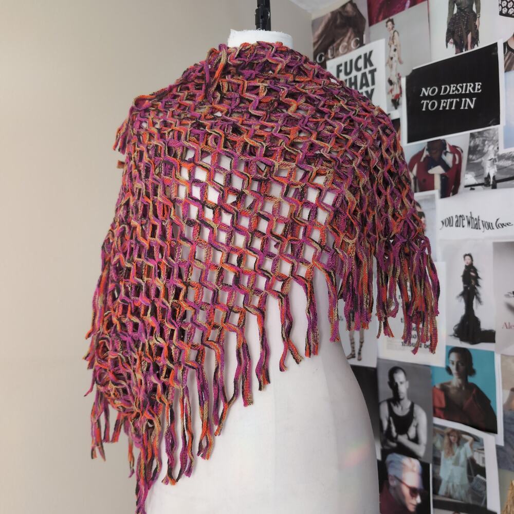 Open Knit Multicolor Fringed Shawl Scarf